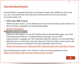 Auswahl der Standarddateitypen in Microsoft Office